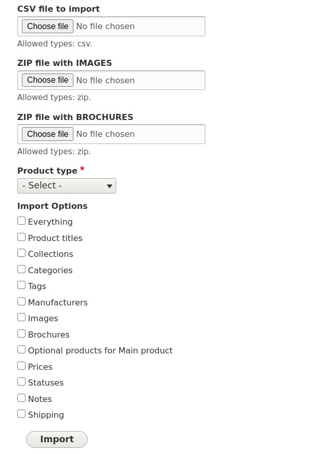 Product Import: Import Form