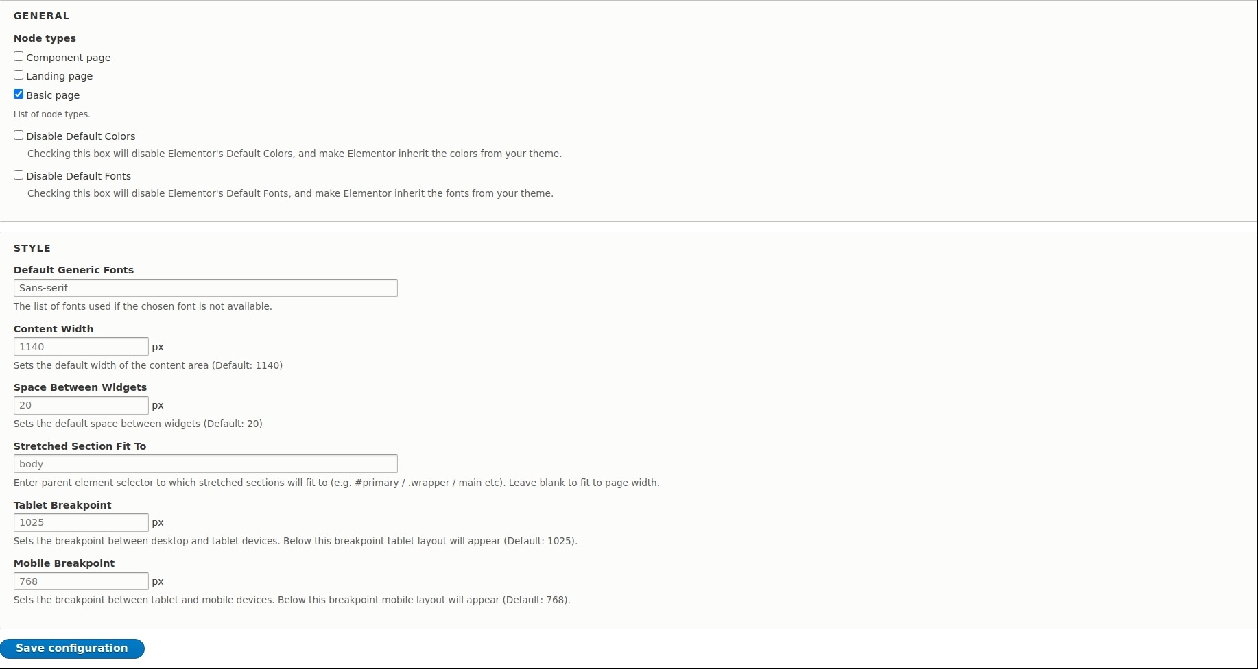 Elementor configuration